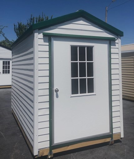 6 x10 Bungalow White/Green Trim and Roof with Window